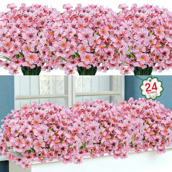 24 Bundles Artificial Flowers UV Resistant Outdoor Fake Plastic Plants No Fade Faux Flowers for Garden Porch Window Box Pink