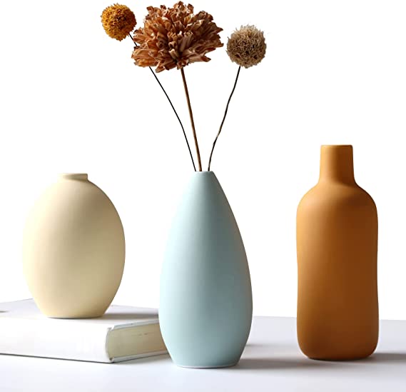 Ceramic Vase Set of 3, Flower Vase Minimalism Style for Rustic Home Decor, Modern Farmhouse Decor, Living Room Decor, Shelf Decor, Table, Bookshelf, Mantel and Entryway Decor-Multicolor