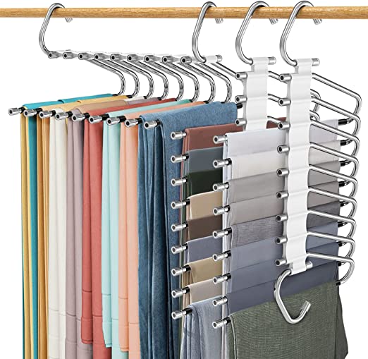 Upgrade 9 Layers Pants Hangers Space Saving, 2 Pack Multifunctional Pants Rack Non Slip Stainless Steel Clothes Space Saver Hangers Closet Organizers Storage for Pants Jeans Leggings, Antiquewhite