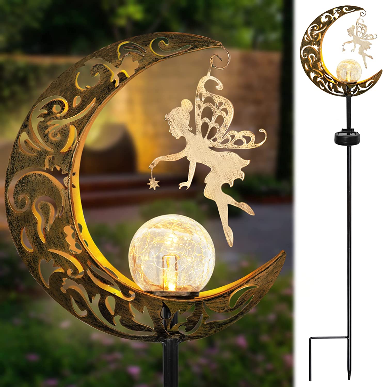 Solar Garden Lights Outdoor Decor, Moon Fairy Crackle Glass Globe with Angel Yard Pathway Stake Lights Solar Powered Waterproof for Walkway Lawn Patio Courtyard Garden Decoration Mothers Day Gifts