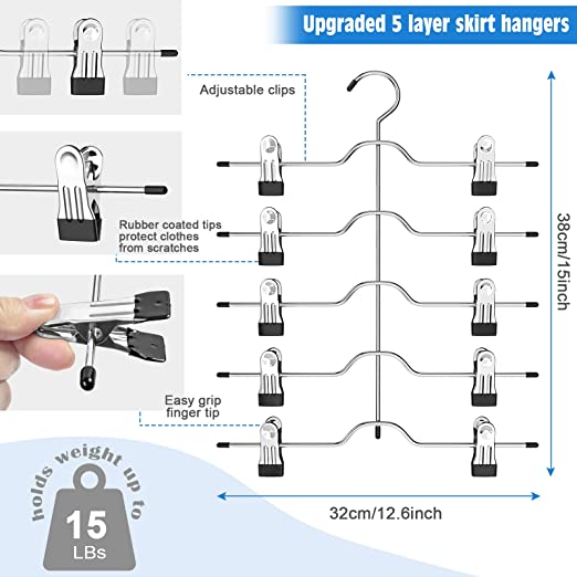 Upgrade 5 Tier Skirt Hangers for Women, 2 Pack Pants Skirts Hangers Space Saving with Adjustable Non Slip Clips Closet Organizers and Storage Grip Shorts Hangers for Pants, Trousers, Shorts, Jeans