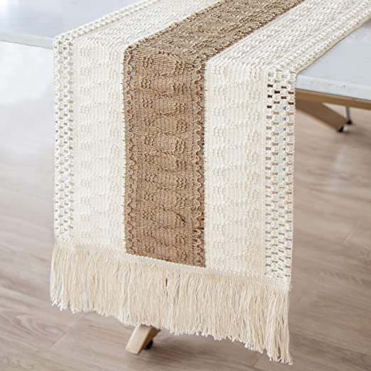 Macrame Table Runner Farmhouse Style, Natural Burlap Boho Table Runner Modern Farmhouse Decor Rustic Woven Cotton Crochet Lace for Bohemian, Rustic,Bridal, Shower Wedding, Dinner, 72" x 12"