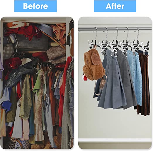 24Pack Pants Skirt Hangers with Clips, Adjustable Skirt Hangers for Women Non Slip Closet Organizers and Storage Space Saving Shorts Hangers for Pants Jeans Leggings Skirts Shorts Hats Clothes(Black)