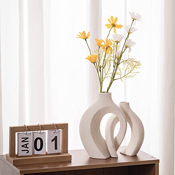 White Hollow Ceramic Vase Set of 2, Round Modern Vase for Nordic Minimalist Style Decor, Donut Boho Aesthetic Vase for Trendy Home Living Master Room Entryway Table Decorative