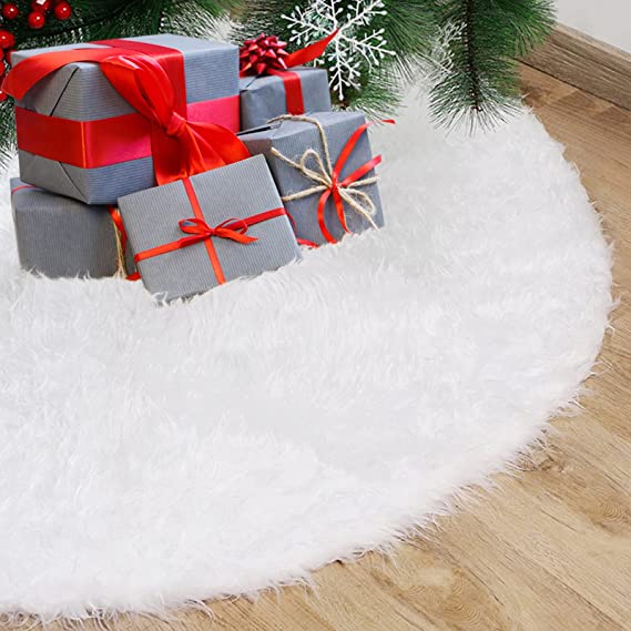 48 Inches Christmas Tree Skirt, Faux Fur White Tree Skirt Christmas Tree Decorations Plush Xmas Mat, Base Cover for New Year Party Holiday Home Decor