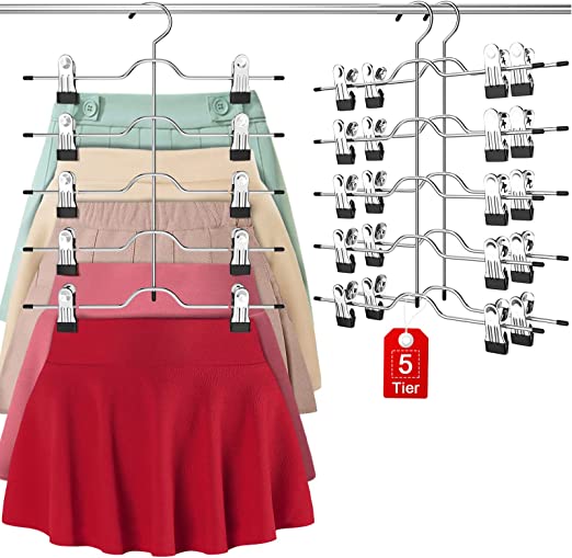 Upgrade 5 Tier Skirt Hangers for Women, 2 Pack Pants Skirts Hangers Space Saving with Adjustable Non Slip Clips Closet Organizers and Storage Grip Shorts Hangers for Pants, Trousers, Shorts, Jeans