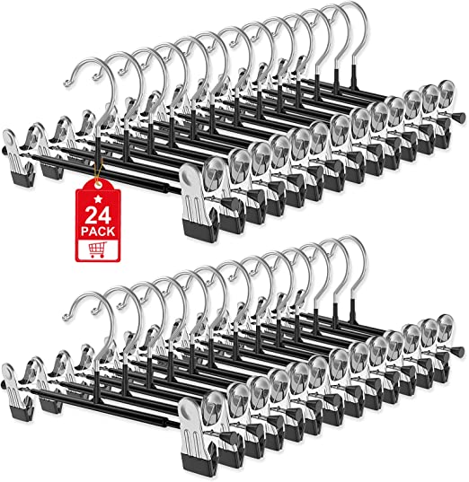 24Pack Pants Skirt Hangers with Clips, Adjustable Skirt Hangers for Women Non Slip Closet Organizers and Storage Space Saving Shorts Hangers for Pants Jeans Leggings Skirts Shorts Hats Clothes(Black)