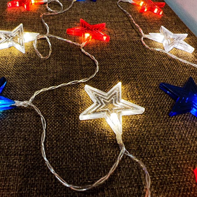 4th of July Decorations Memorial Day Red White and Blue Lights Battery Operated String Lights 19FT 40 LED Patriotic Fairy Lights with Timer & Remote for Independence Day Fourth of July Decor for Home