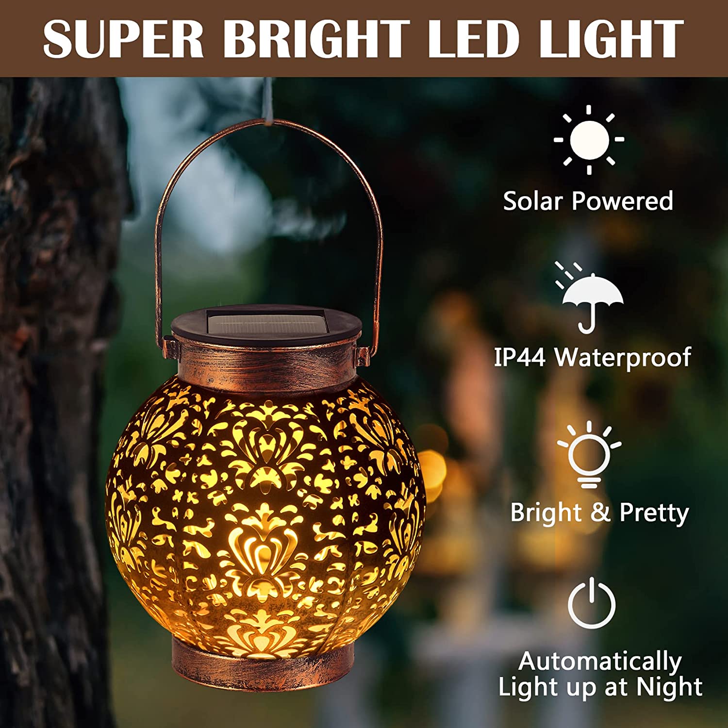 2 Pack Solar Lanterns Outdoor Waterproof Hanging Garden Lights Decorative Retro Metal Solar Powered Lantern for Patio Lawn Yard Table Pathway Decorations Mothers Day Gifts