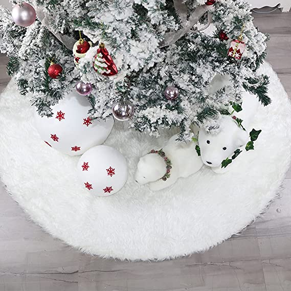 48 Inches Christmas Tree Skirt, Faux Fur White Tree Skirt Christmas Tree Decorations Plush Xmas Mat, Base Cover for New Year Party Holiday Home Decor