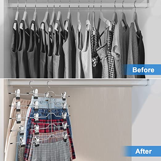 Upgrade 5 Tier Skirt Hangers for Women, 2 Pack Pants Skirts Hangers Space Saving with Adjustable Non Slip Clips Closet Organizers and Storage Grip Shorts Hangers for Pants, Trousers, Shorts, Jeans