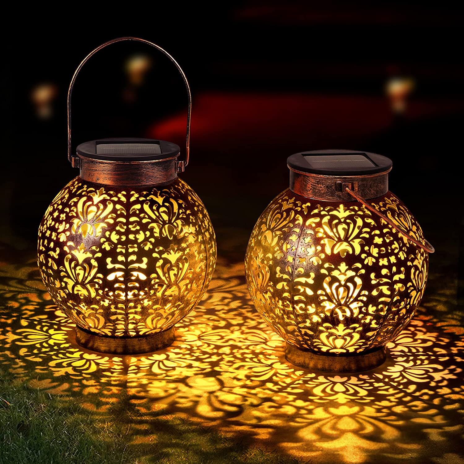 2 Pack Solar Lanterns Outdoor Waterproof Hanging Garden Lights Decorative Retro Metal Solar Powered Lantern for Patio Lawn Yard Table Pathway Decorations Mothers Day Gifts