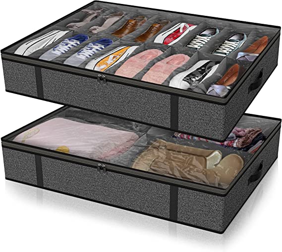 Under Bed Shoe Storage Organizer for Closet 2 Pack, Fits Total 20 Pairs Foldable Underbed Shoes Containers Boxes Under the Bed Storage Bedding with Clear Cover Handles, Grey