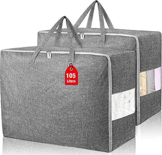 2Pack 105L Extra Large Storage Bags, Folding Moving Comforter Blanket Storage Bags Closet Organizers and Storage Containers for Clothes with Strong Handles&Zippers Clear Window for Bedding Pillow Grey