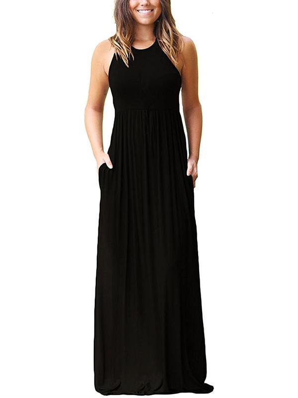 Women's Vest Beach Maxi Dress Sexy Pocket Soft Round-neck Dress - CHALIER