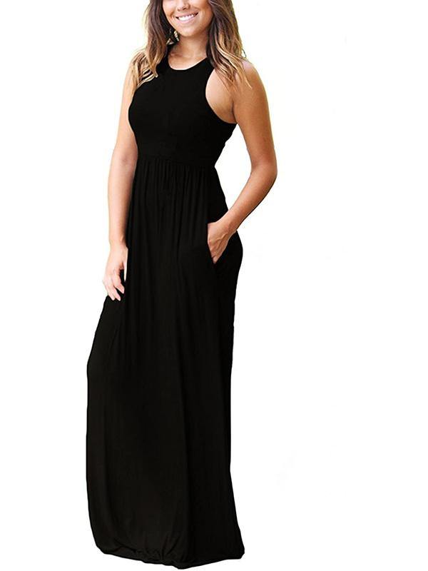 Women's Vest Beach Maxi Dress Sexy Pocket Soft Round-neck Dress - CHALIER