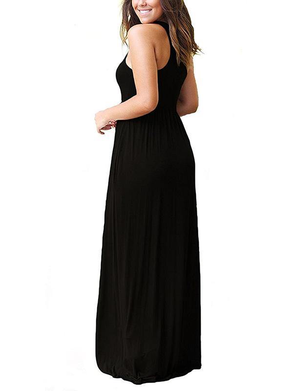 Women's Vest Beach Maxi Dress Sexy Pocket Soft Round-neck Dress - CHALIER