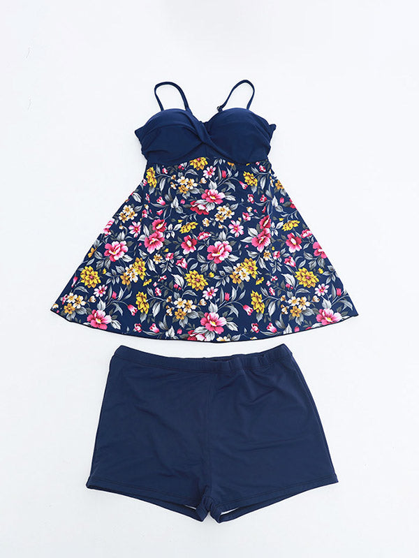 Women's Floral Prints Plus Size Swimsuits Backless Tankini Set