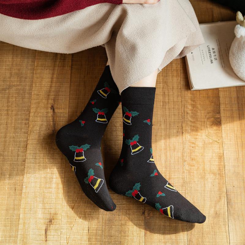 Womens Christmas Pattern Jingle Bell Tree Happy Fashion Cute Crew Socks 4 Pairs - CHALIER