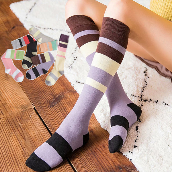 Womens Calf Socks Medium Stockings Contrast Color Knee-length Cotton Socks