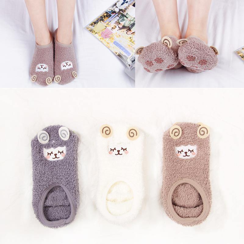 Women 9 Pairs Winter Non-slip Slipper No-show Socks Coral Fleece Cute Animals Grip Socks - CHALIER