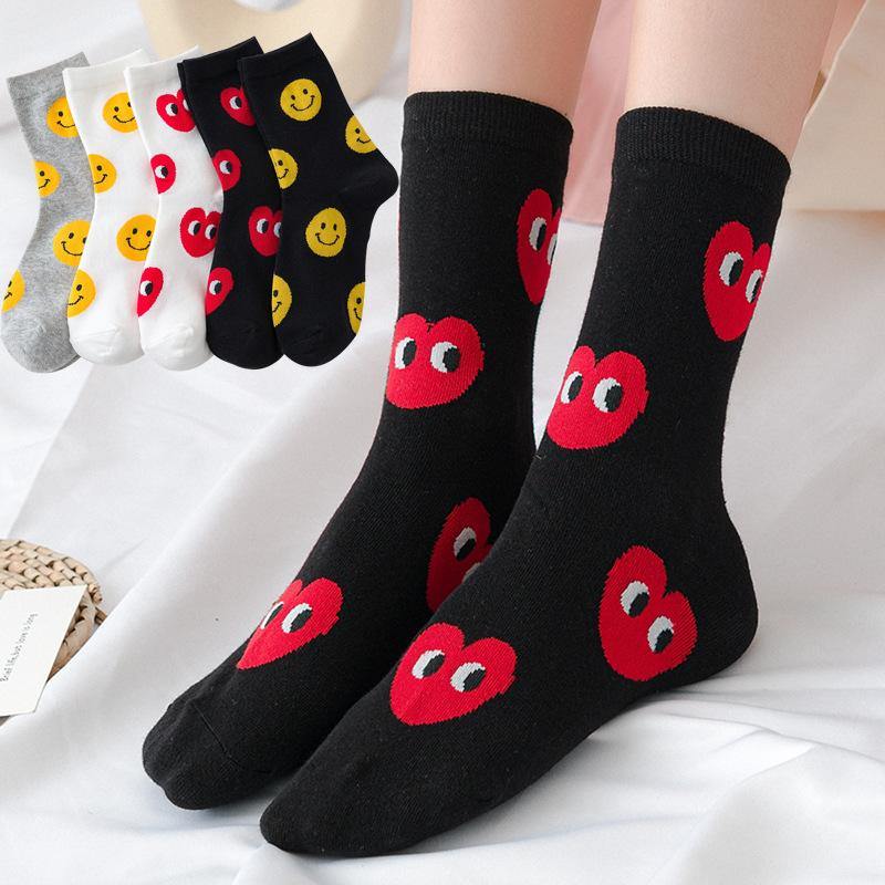 Womens Fun Socks Smiling Face Socks Hearts Cotton Socks Set 5 Pairs - CHALIER