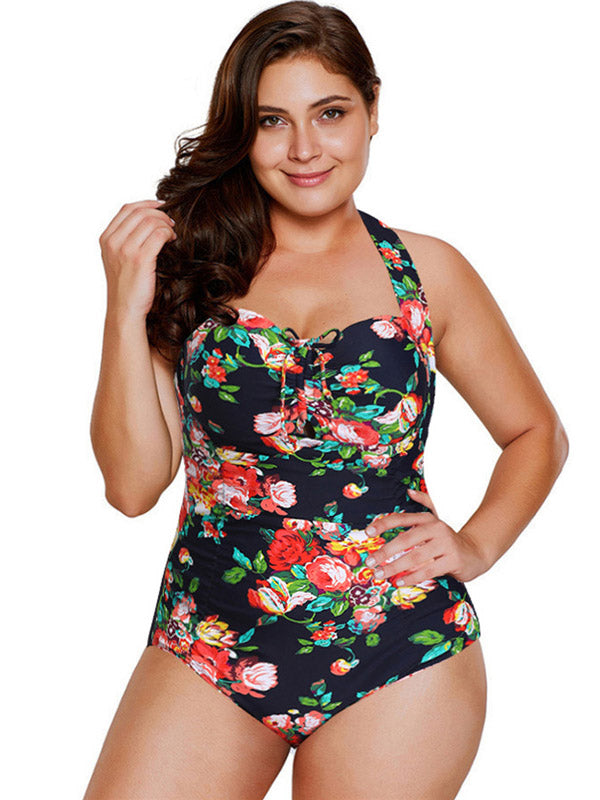 Women's Plus Size Swimsuits Floral Print Halter One Piece