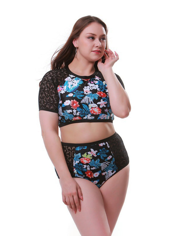 Plus Size Floral Prints Two-Piece Swimsuits High Waist Short Sleeve Tankini
