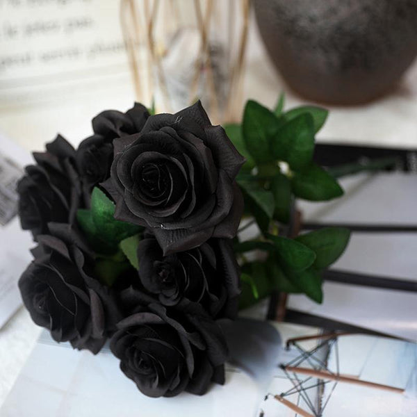 Artificial Flowers Fake Black Silk Roses Bouquet Vintage Rose for Wedding Home Table Centerpiece Party Decor - CHALIER