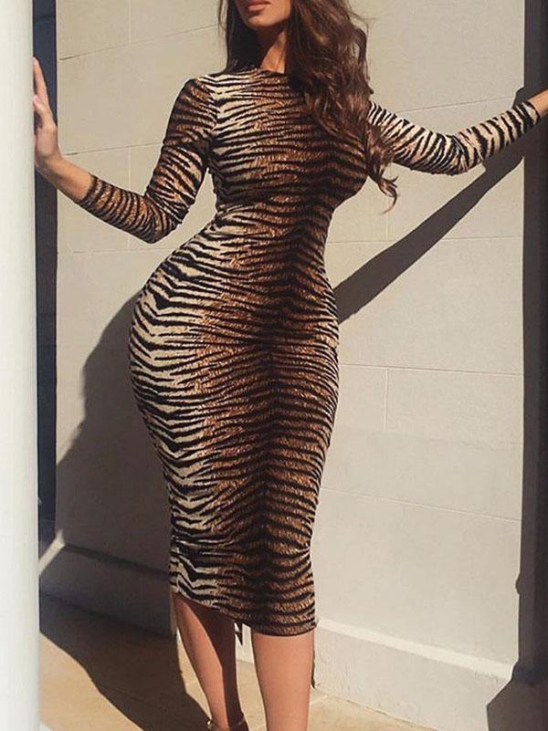 Women's Sexy Leopard Print Sheath Crew Neck Long-sleeve High Waist Midi Dress - CHALIER