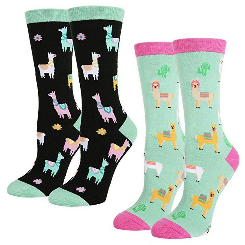 Women Crew Cotton Funny Crazy Novelty Socks Llama Cartoon Print Casual Socks - CHALIER