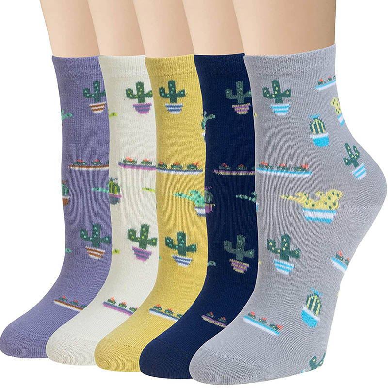 Womens Socks Cactus Print Cartoon Cotton Socks 5 Pairs Gift