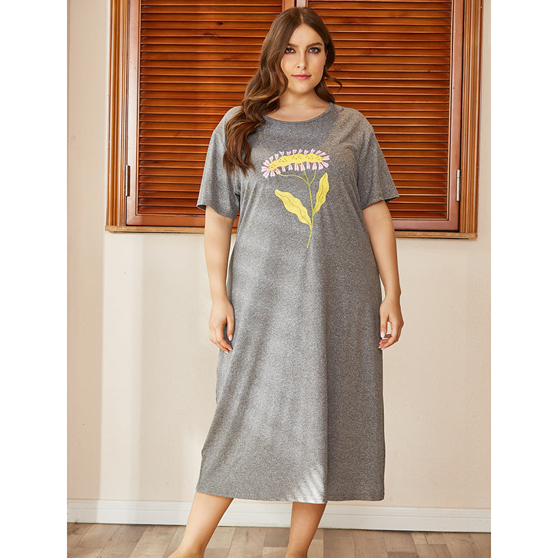 Women's Casual Plus Size Gray Night Gowns Cute Flowers Lingerie Sleep Maxi Dress