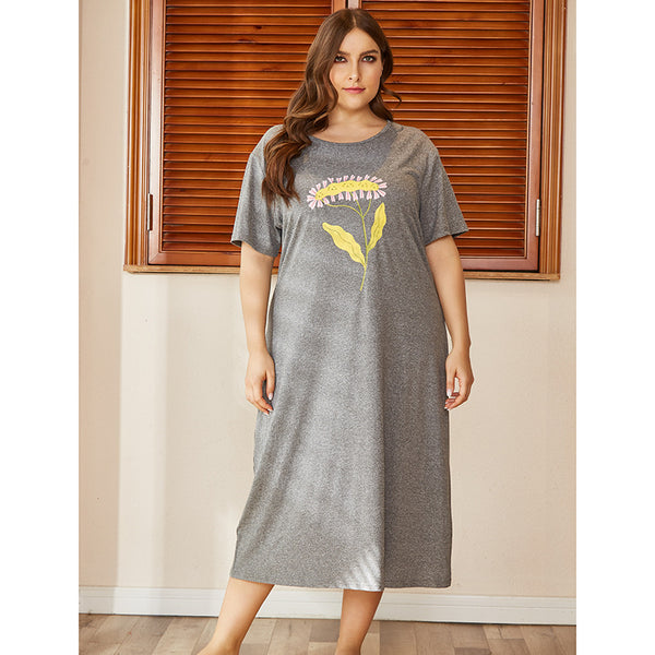 Women's Casual Plus Size Gray Night Gowns Cute Flowers Lingerie Sleep Maxi Dress