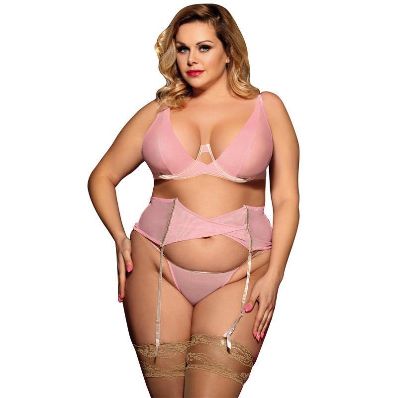 Women's Plus Size Sexy Pink Bra Thigh High Socks Garter Belt Transparent Lingerie Suit - CHALIER