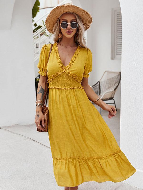 Women's Casual V-Neck Holiday A-line Beach Midi Dress - CHALIER