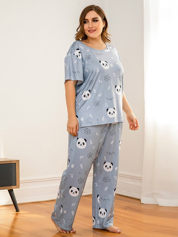 Women's Casual Plus Size Pajamas Cute Animals Lingerie Two-Piece Set Blue Pandas