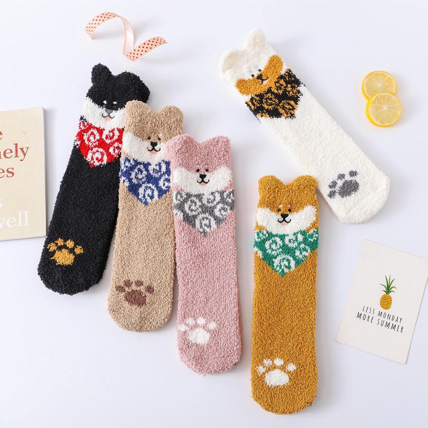 Womens Winter Soft Slipper Cozy Cartoon Socks 5 Pairs Fuzzy Cute Puppy Socks Set - CHALIER