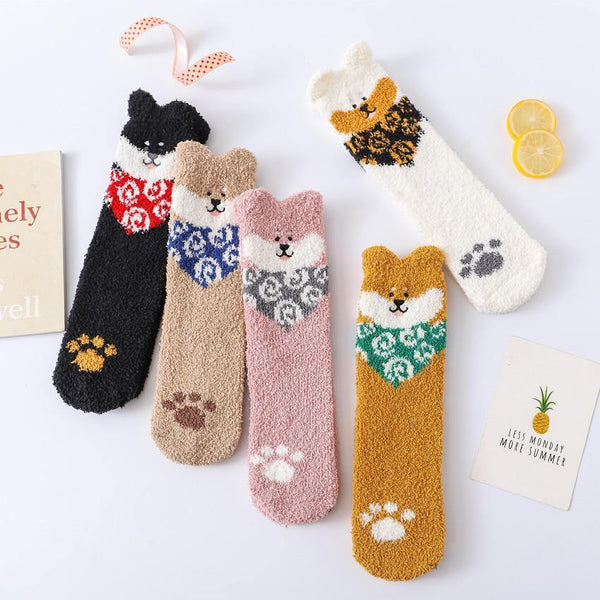 Womens Winter Soft Slipper Cozy Cartoon Socks 5 Pairs Fuzzy Cute Puppy Socks Set - CHALIER