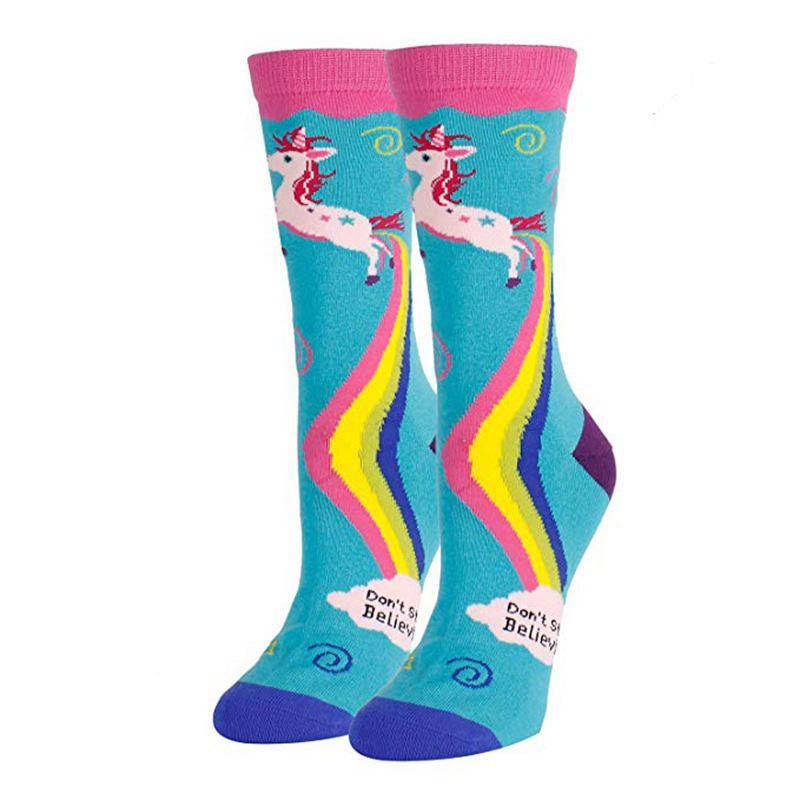 Womens Cartoon Cotton Fun Crazy Crew Socks Unicorn Rainbow Socks - CHALIER