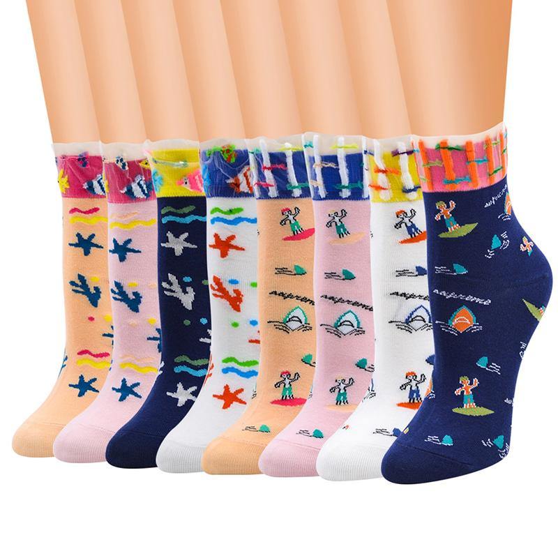 Womens Socks Vintage Starfish Beach Pattern Socks Novel Cute Cotton Crew Socks 8 Pairs - CHALIER
