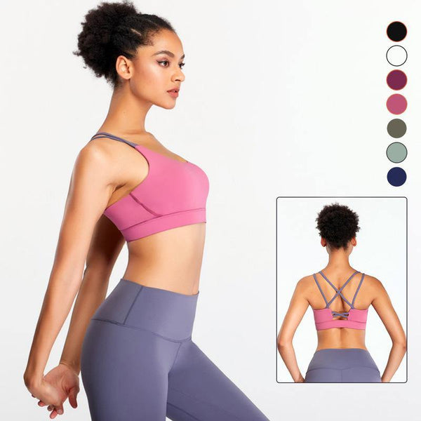 Women Sports Bra Criss-Cross Padded Bra Yoga Fitness Workout Running Top Set Leggings Tight - CHALIER