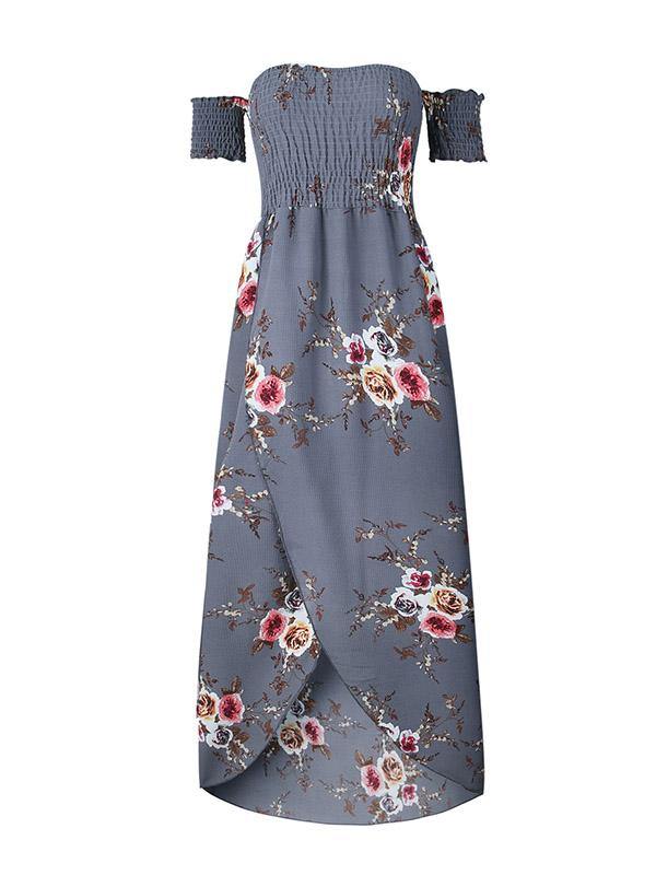 Women's Floral Printed Maxi Beach Dress Long Bohemian Split Tee Dress Plus Size - CHALIER