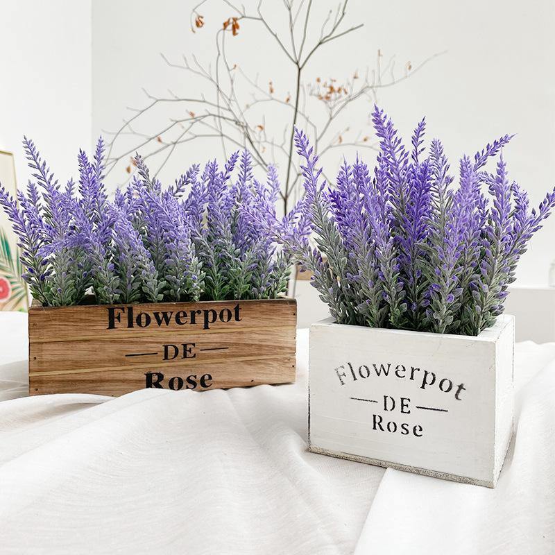 Artificial Flower Potted Lavender Plant Purple Silk Floral Arrangements for Home Office Decor with Wooden Tray - CHALIER