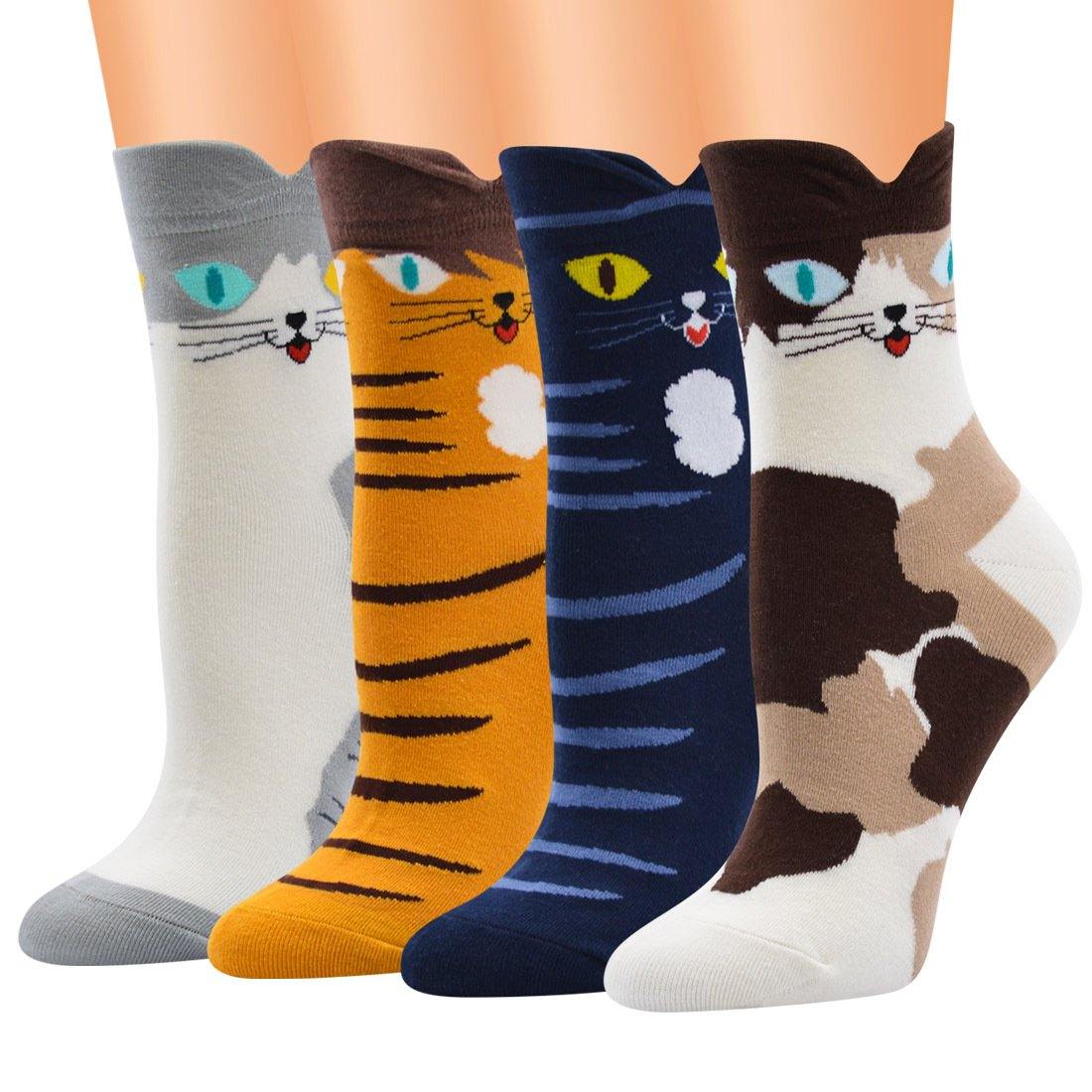 Womens Cute Stretch Breathable Funny Socks Soft Warm Animals Crew Socks Cat Pattern 4 pairs - CHALIER