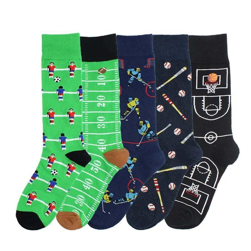 Fashion Cotton Socks Men Funny Sports Casual Crew Socks Football Basketball Rugby Baseball 5 Pairs - CHALIER