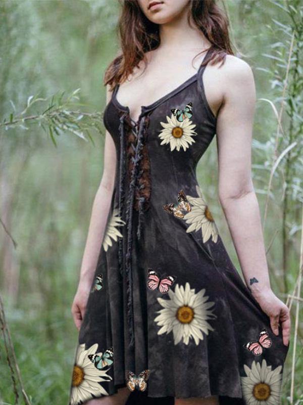 Women's Slim Asymmetrical Lace Up Sunflower Butterfly Print Slip Dress - CHALIER