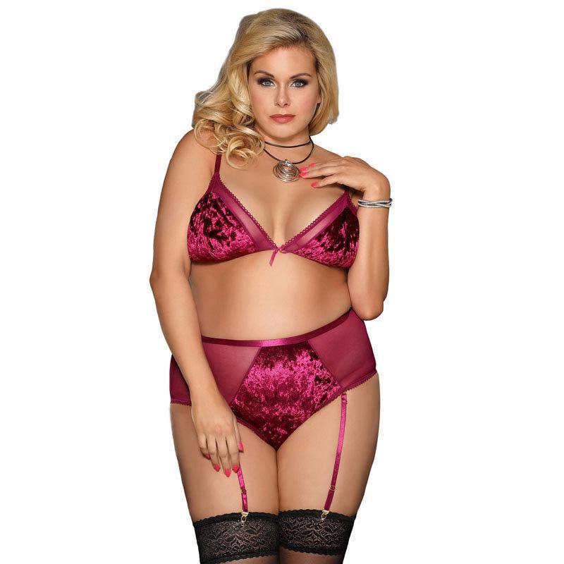 Plus Size Women's Rose Bra Garter Belt Thigh High Socks Triangle Velvet Lingerie Suit - CHALIER