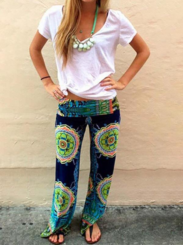 Women's Casual Cotton Floral Print Loose Pants Spring Holiday Home Wide Leg Pants - CHALIER