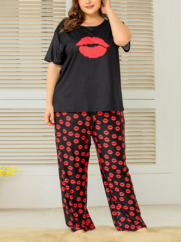 Women's Plus Size Loungewear Cute Red Lips Pajamas Short Sleeve Pants